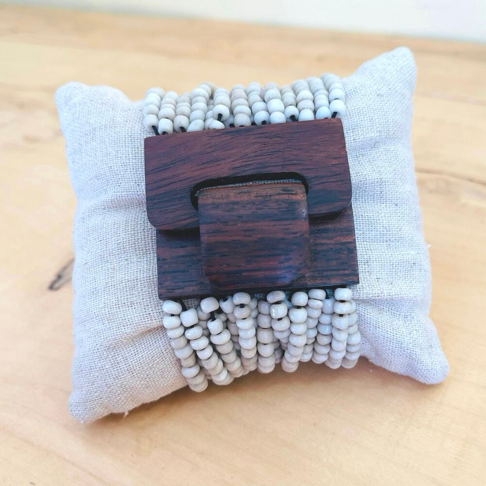 Authentic Multi-Strand Wide Glass Bead Bracelet Hand Carved Wood Buckle Clasp